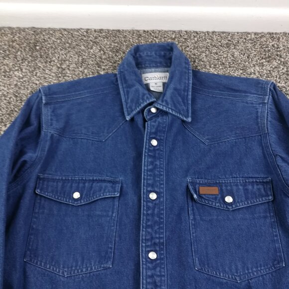 Vintage Carhartt Denim Pearl Snap Shirt Mens Medium Blue Heavy Western Work S141 - Picture 2 of 10